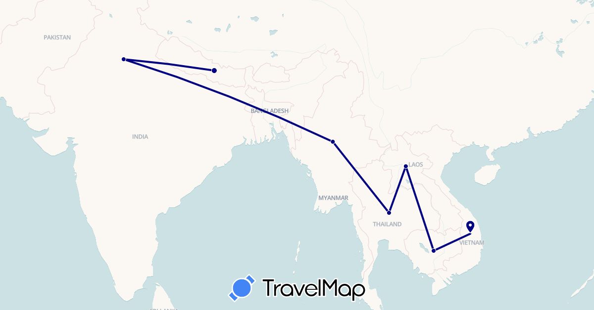 TravelMap itinerary: driving in India, Cambodia, Laos, Myanmar (Burma), Nepal, Thailand, Vietnam (Asia)